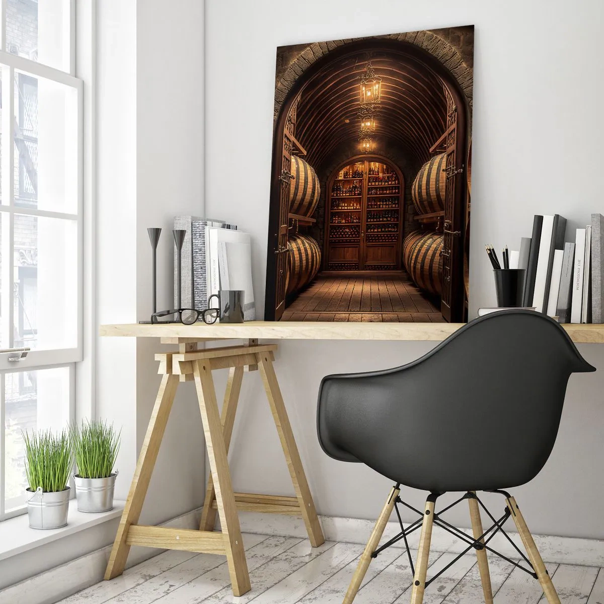 Cuadro sobre vidrio - Impresiones sobre Vidrio - Un viñedo con barricas y una bodega iluminada llena de botellas. - 50x70cm - Sótano atmosférico - Decoración de pared moderna para salón y dormitorio ARTTOR