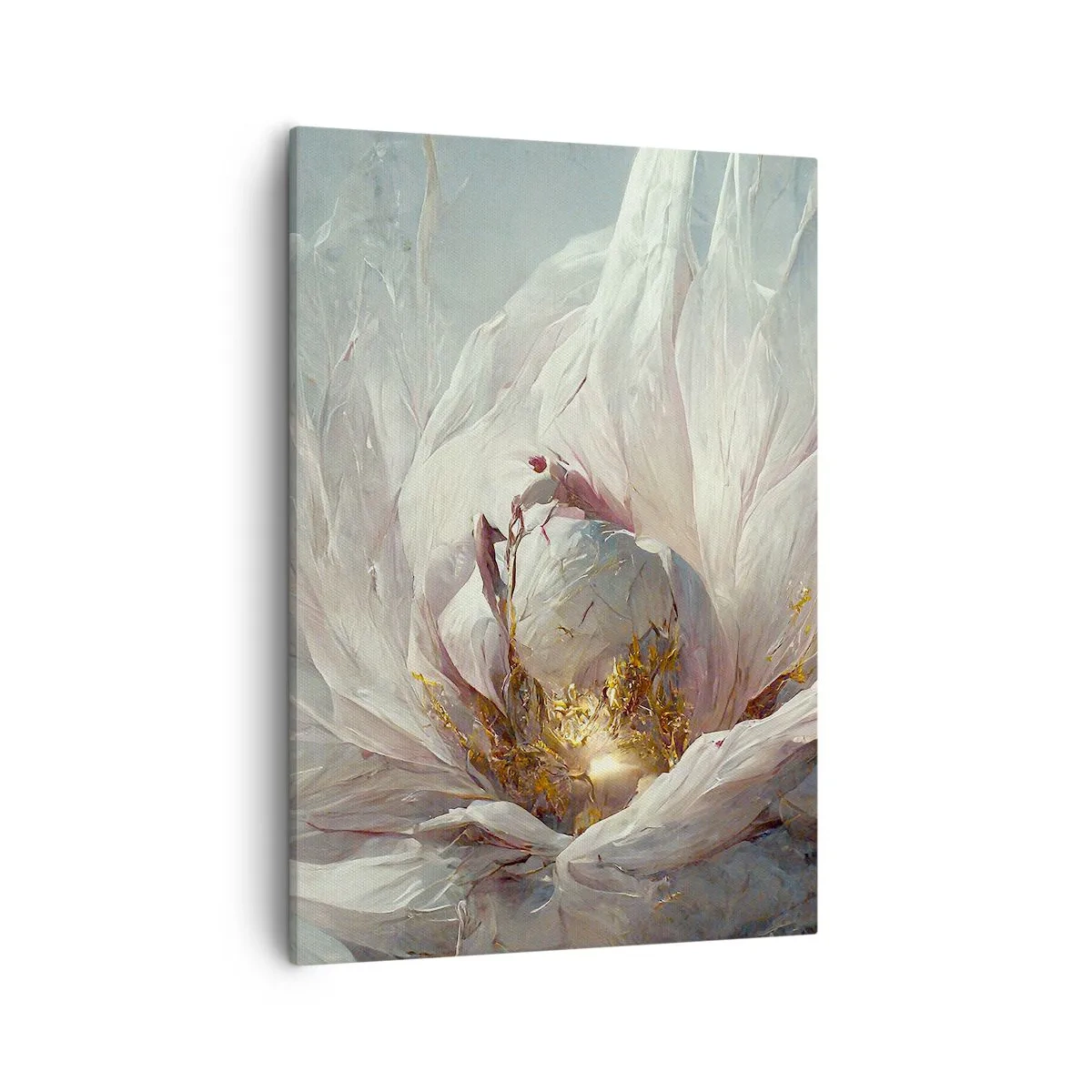 Cuadro sobre lienzo - Impresión de Imagen - Una delicada flor blanca con sutiles acentos dorados. - 50x70cm - Florece una vez cada cien años - Decoración de pared moderna para salón y dormitorio ARTTOR