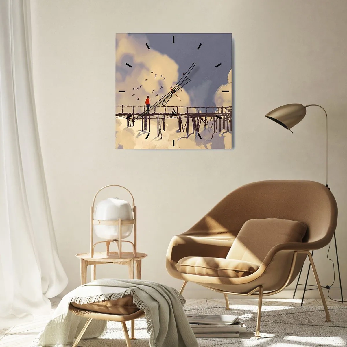 Reloj de pared - Reloj de vidrio - Una figura en un puente entre nubes con pájaros en el cielo. - 30x30cm - Anhelo azul - Decoración de pared moderna para salón y dormitorio ARTTOR