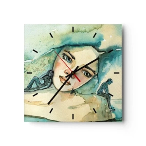 Reloj de pared - Reloj de vidrio - Acuarela de rostro de mujer con motivo reflectante. - 30x30cm - ¿Soy azul? - Decoración de pared moderna para salón y dormitorio ARTTOR