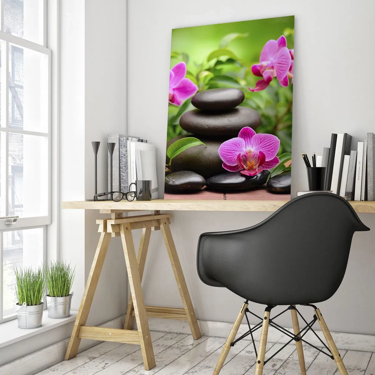 Cuadro sobre vidrio - Impresiones sobre Vidrio - Orquídeas rosas con piedras sobre un fondo verde. - 70x100cm - Una pirámide de paz - Decoración de pared moderna para salón y dormitorio ARTTOR
