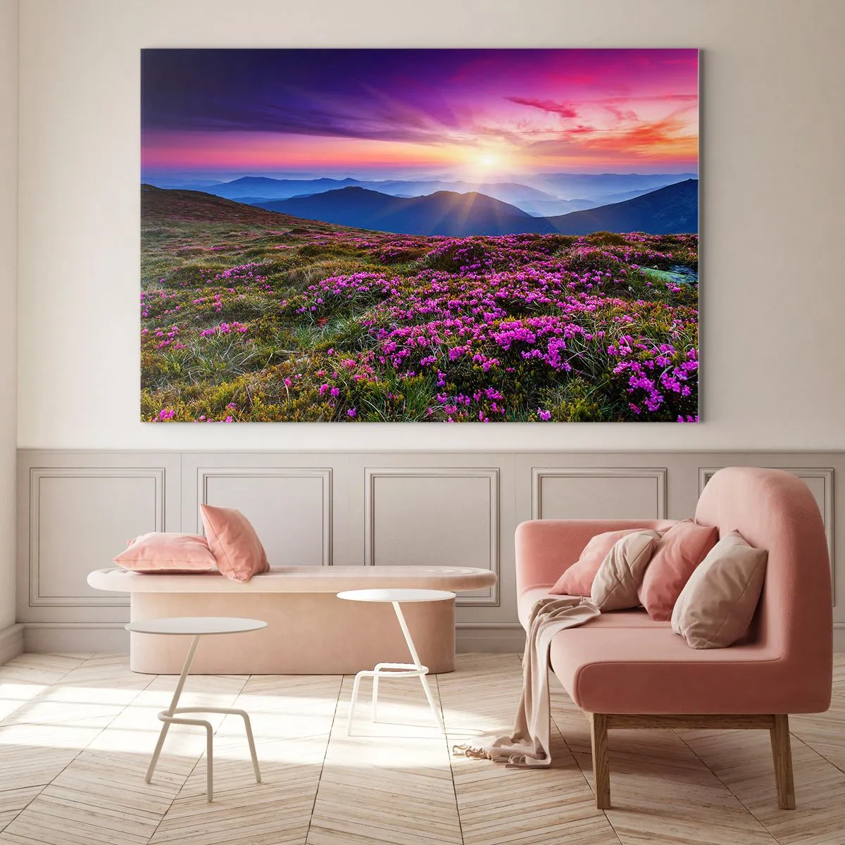 Cuadro sobre vidrio - Impresiones sobre Vidrio - Paisaje de montaña con brezal al atardecer - 70x50cm - Dulce aroma a frescura - Decoración de pared moderna para salón y dormitorio ARTTOR