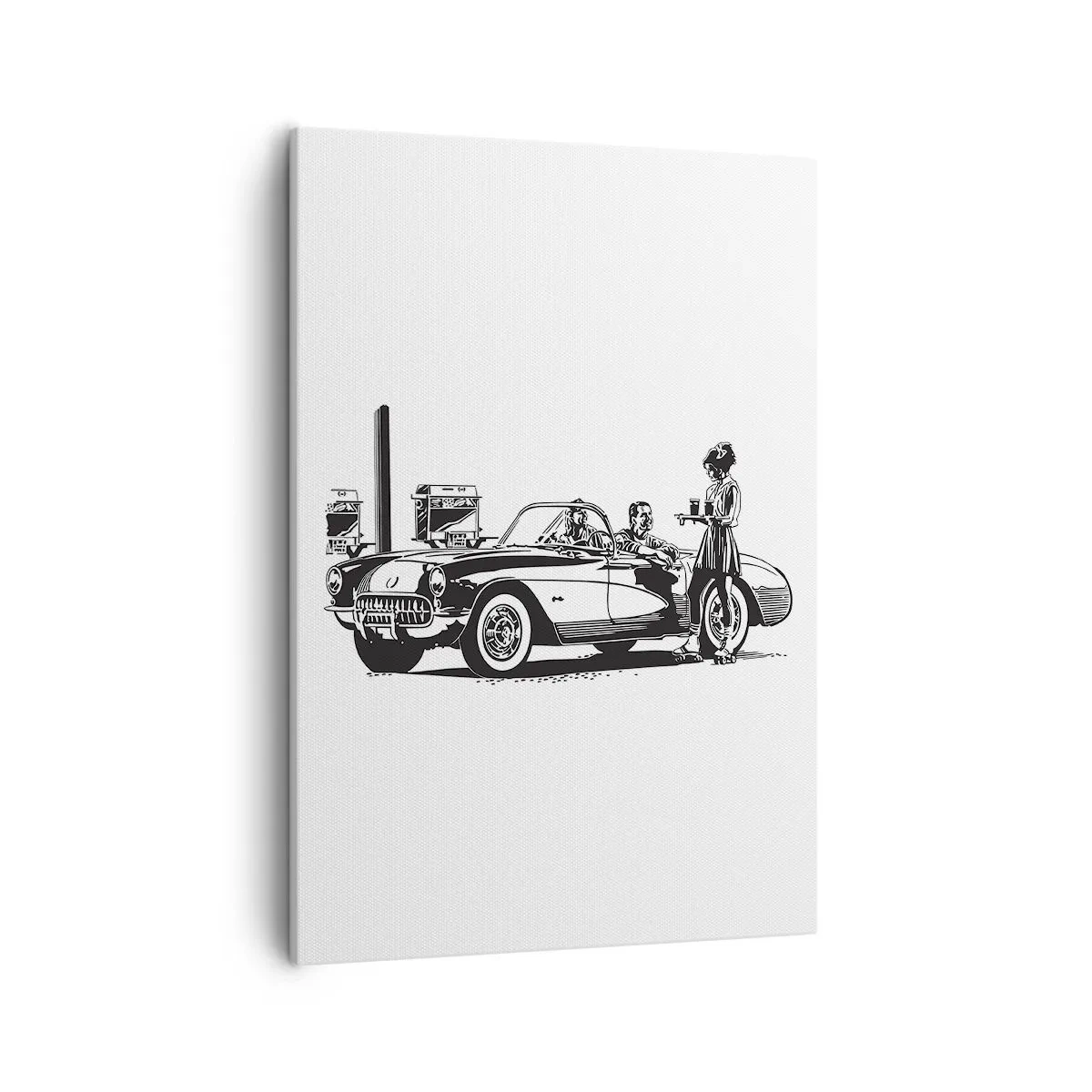 Cuadro sobre lienzo - Impresión de Imagen - Una escena retro en blanco y negro con un coche y una camarera en patines. - 50x70cm - Años 60 - la América despreocupada - Decoración de pared moderna para salón y dormitorio ARTTOR