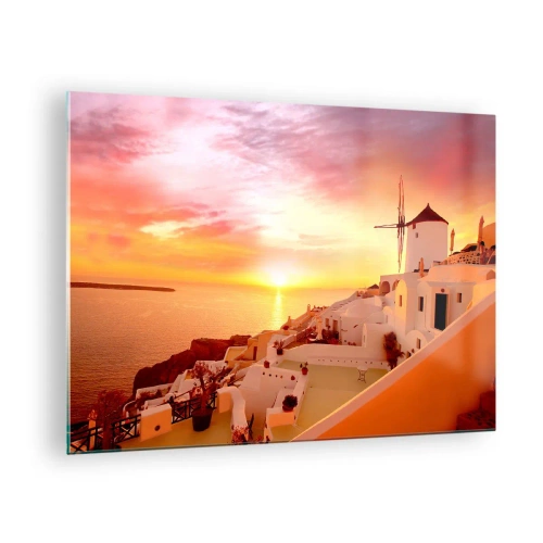 Cuadro sobre vidrio - Impresiones sobre Vidrio - Puesta de sol sobre Santorini con edificios blancos y un molino de viento - 70x50cm - Blanco y dorado - Decoración de pared moderna para salón y dormitorio ARTTOR