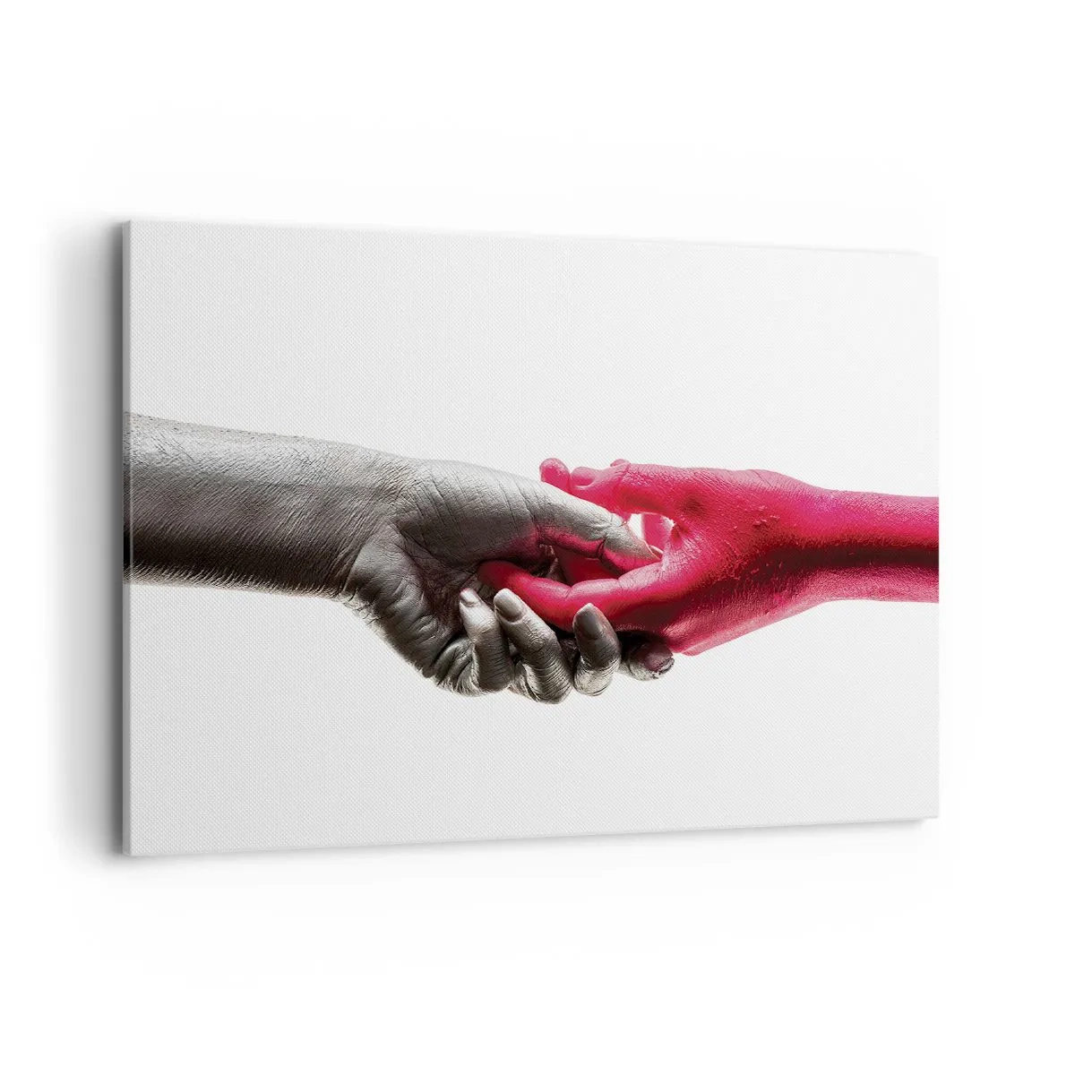 Cuadro sobre lienzo - Impresión de Imagen - Manos simbólicas en plata y rojo. - 100x70cm - Juntos, aunque diferentes - Decoración de pared moderna para salón y dormitorio ARTTOR