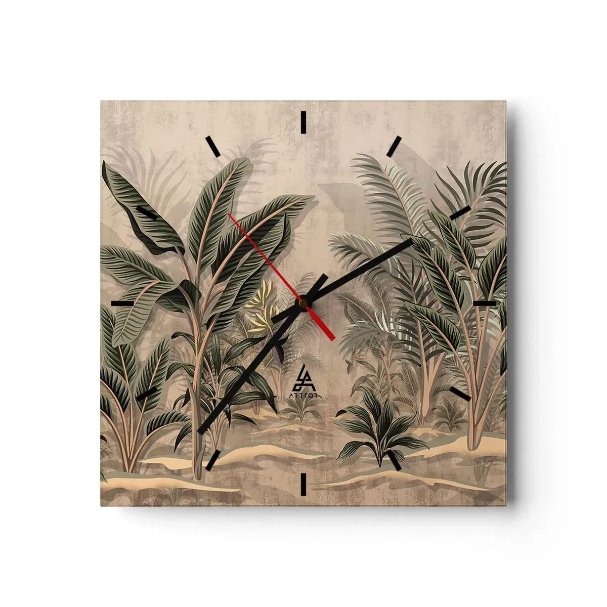 Reloj de pared - Reloj de vidrio - Palmeras y vegetación tropical en tonos verdes sobre fondo beige. - 30x30cm - Grabados de estilo colonial - Decoración de pared moderna para salón y dormitorio ARTTOR