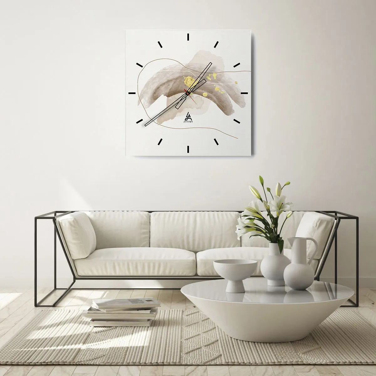 Reloj de pared - Reloj de vidrio - Una composición abstracta en tonos beige y dorado. - 30x30cm - Encontrado en el espacio - Decoración de pared moderna para salón y dormitorio ARTTOR