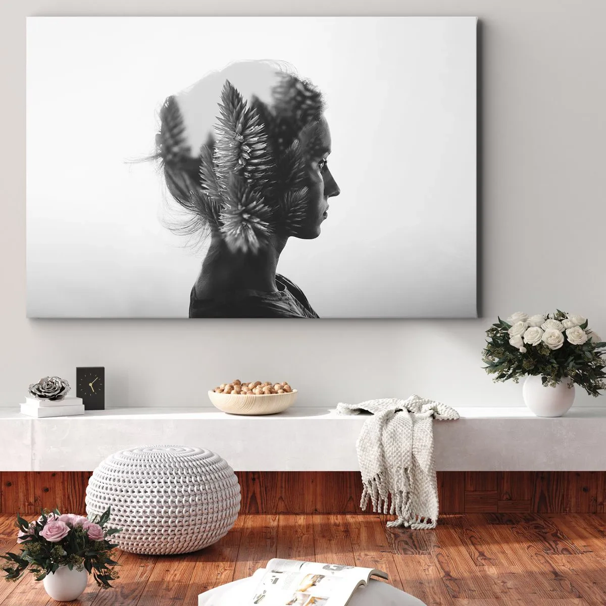 Cuadro sobre lienzo - Impresión de Imagen - Un retrato sutil con elementos de la naturaleza. - 70x50cm - La dama del bosque de pinos - Decoración de pared moderna para salón y dormitorio ARTTOR