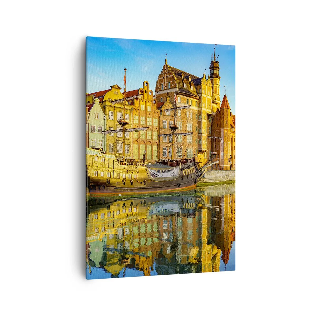 Cuadro sobre lienzo - Impresión de Imagen - Una vista pintoresca del casco antiguo con un velero y agua. - 70x100cm - Un espejo del pasado - Decoración de pared moderna para salón y dormitorio ARTTOR