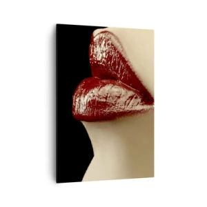 Cuadro sobre lienzo - Impresión de Imagen - Labios rojos y lápiz labial sobre un fondo negro. - 70x100cm - Sensualidad y brillo del carmín - Decoración de pared moderna para salón y dormitorio ARTTOR
