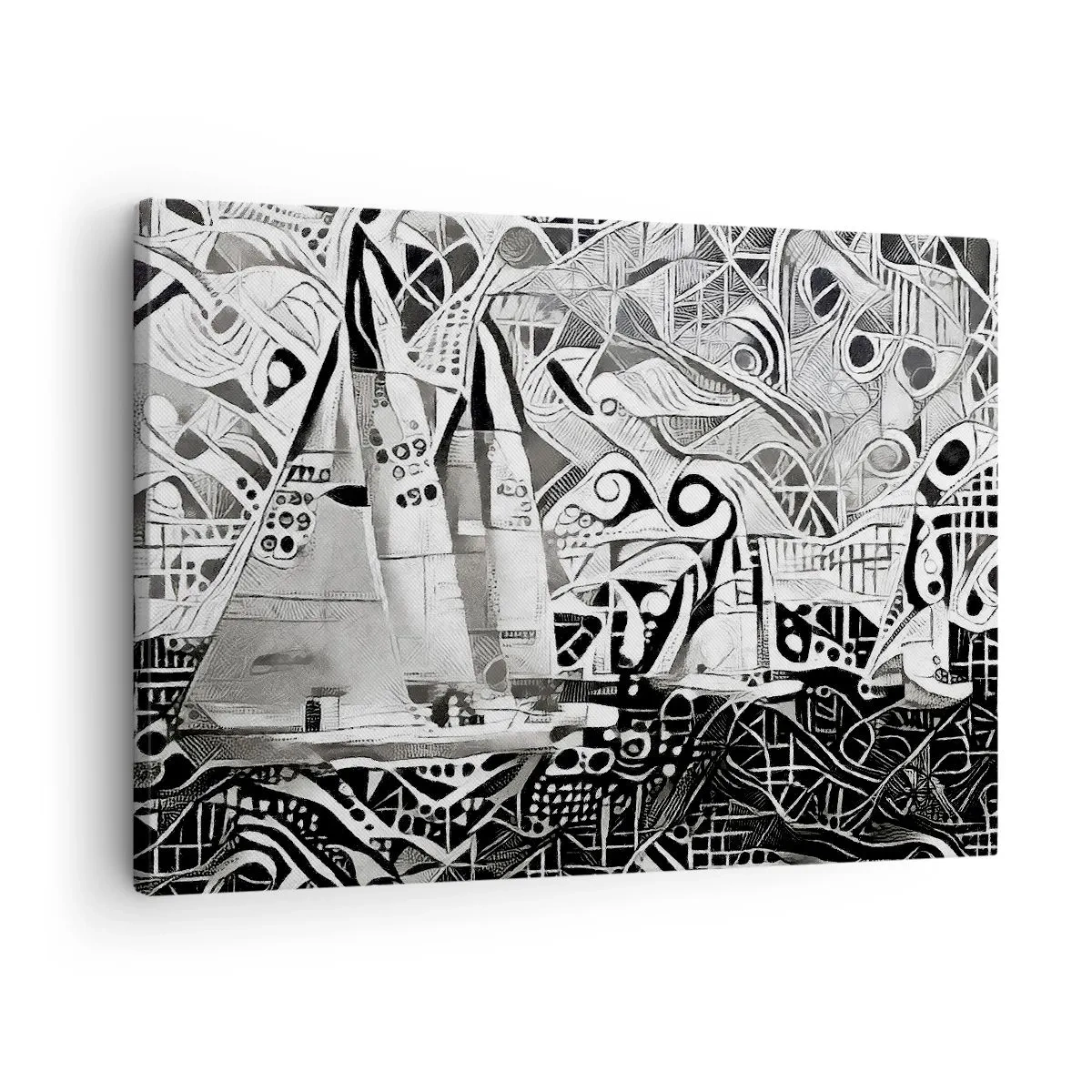 Cuadro sobre lienzo - Impresión de Imagen - Veleros abstractos en una composición monocromática - 70x50cm - Entre las olas - Decoración de pared moderna para salón y dormitorio ARTTOR