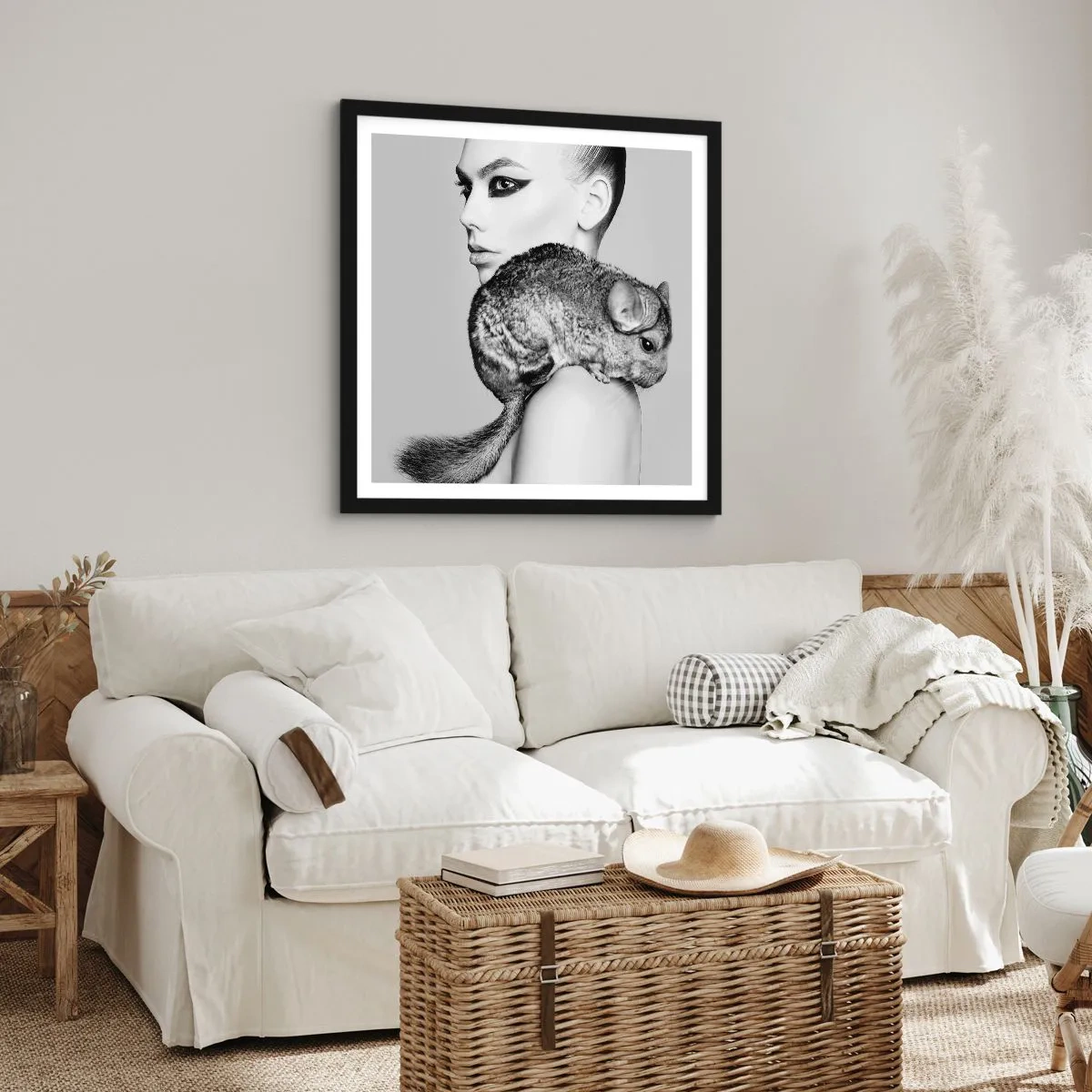 Póster en marco negro - Dama con chinchilla - 40x40 cm