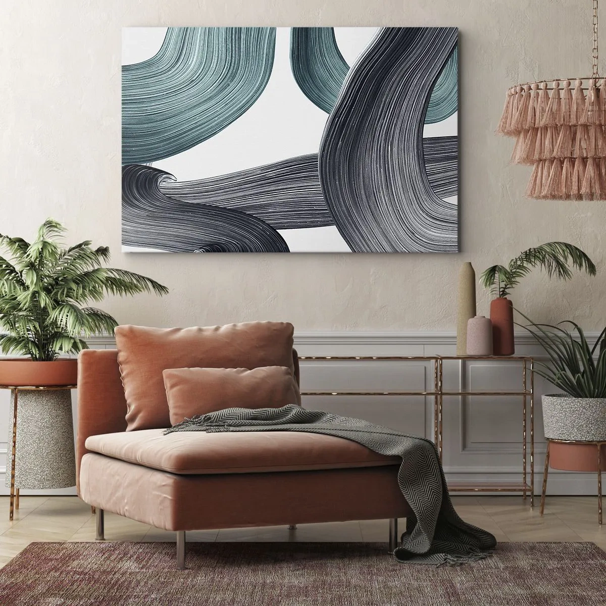 Cuadro sobre lienzo - Impresión de Imagen - Líneas abstractas fluidas en tonos verdes y grises. - 70x50cm - Senderos esmeralda y negro - Decoración de pared moderna para salón y dormitorio ARTTOR