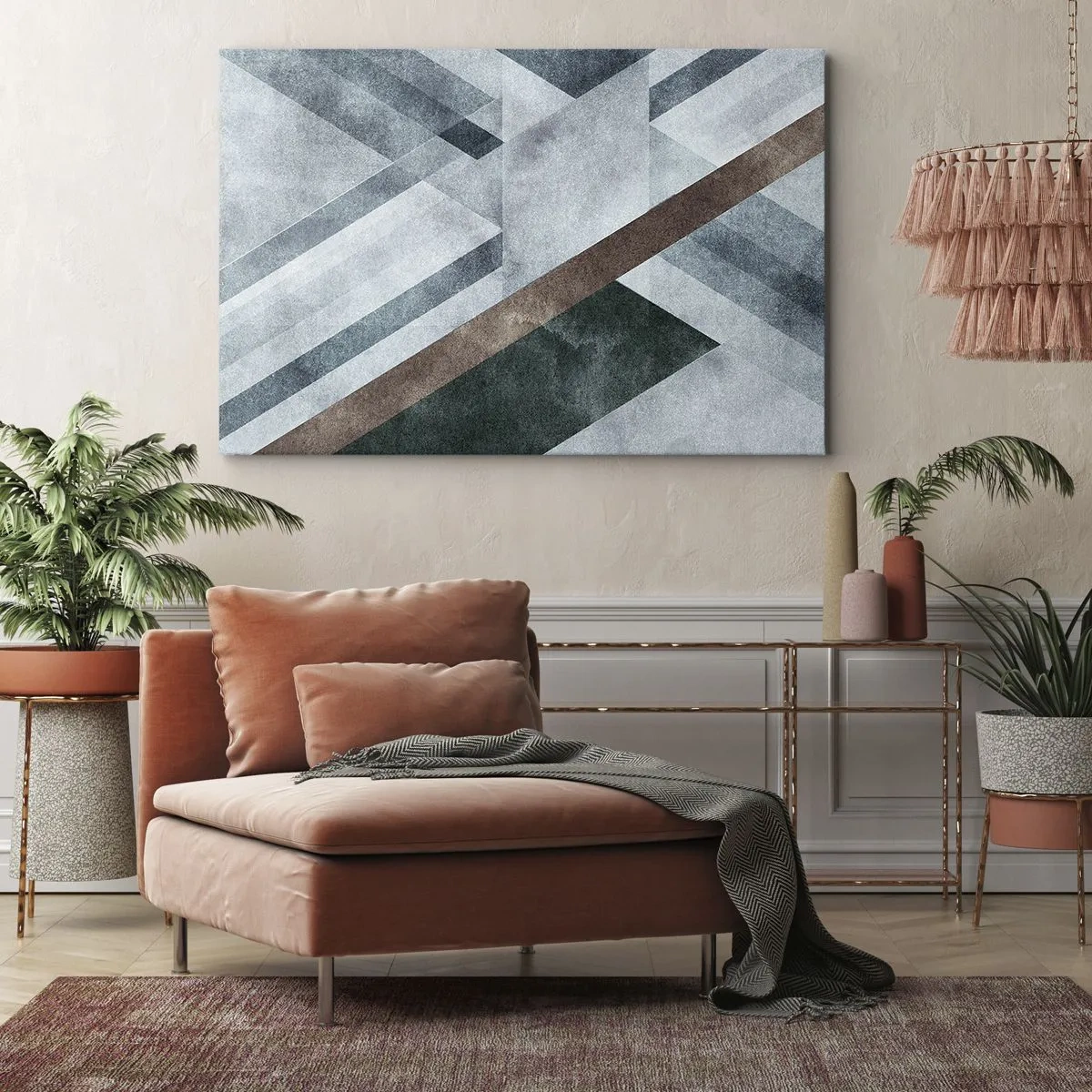 Cuadro sobre lienzo - Impresión de Imagen - Formas geométricas en tonos fríos de azul y marrón. - 70x50cm - Sofisticada elegancia de la geometría - Decoración de pared moderna para salón y dormitorio ARTTOR