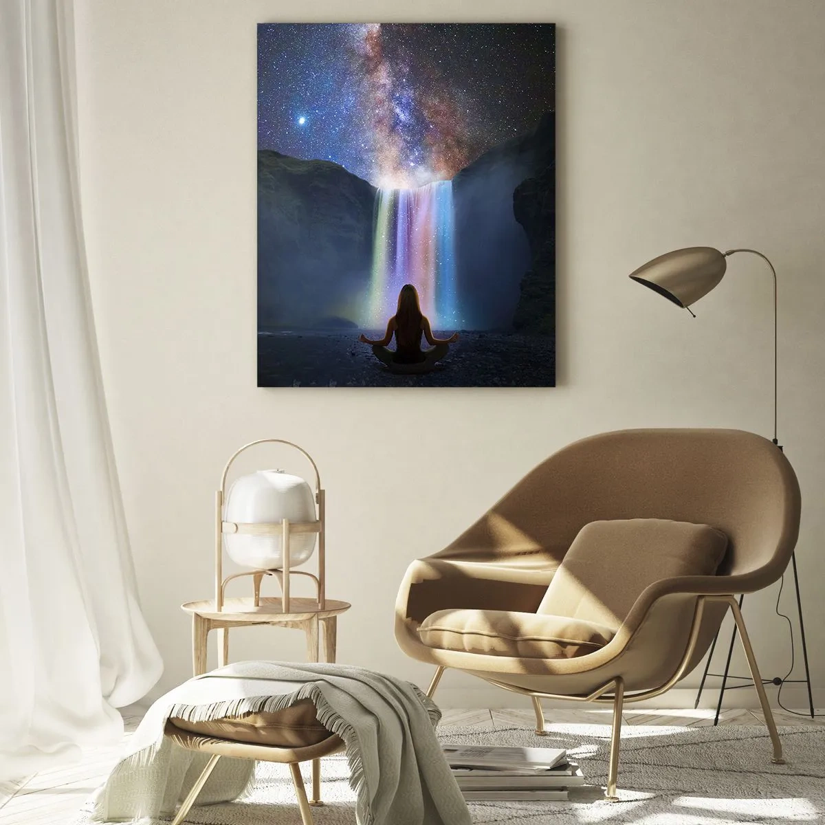Cuadro sobre vidrio - Impresiones sobre Vidrio - Meditación frente a una cascada entre las estrellas. - 70x100cm - Armonía absoluta - Decoración de pared moderna para salón y dormitorio ARTTOR