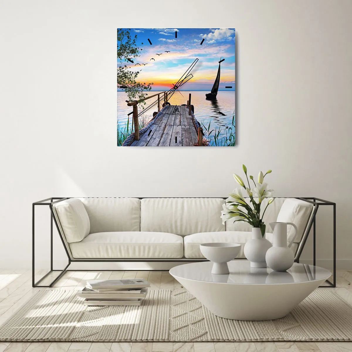 Reloj de pared - Reloj de vidrio - Muelle del lago con barco y puesta de sol - 30x30cm - Que llegue la noche - Decoración de pared moderna para salón y dormitorio ARTTOR