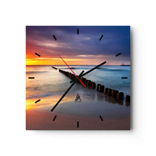 Reloj de pared - Reloj de vidrio - Puesta de sol sobre el mar con un rompeolas en primer plano - 30x30cm - Escuchar el silencio - Decoración de pared moderna para salón y dormitorio ARTTOR