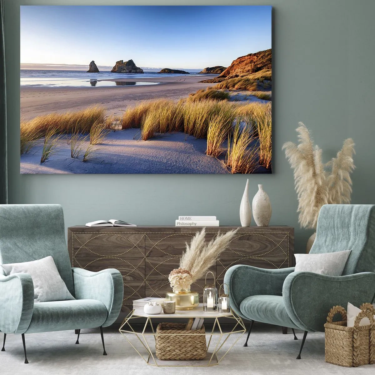 Cuadro sobre lienzo - Impresión de Imagen - Una playa pintoresca con vistas a las rocas y al mar al atardecer. - 70x50cm - Para buscadores de tranquilidad - Decoración de pared moderna para salón y dormitorio ARTTOR