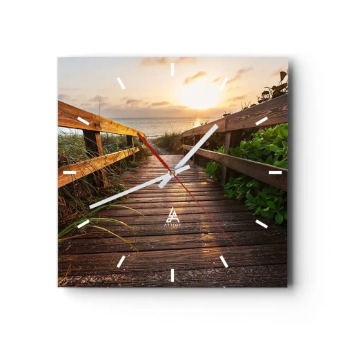 Reloj de pared - Reloj de vidrio - Muelle de madera que conduce a la playa al atardecer - 30x30cm - Y directamente a la orilla - Decoración de pared moderna para salón y dormitorio ARTTOR