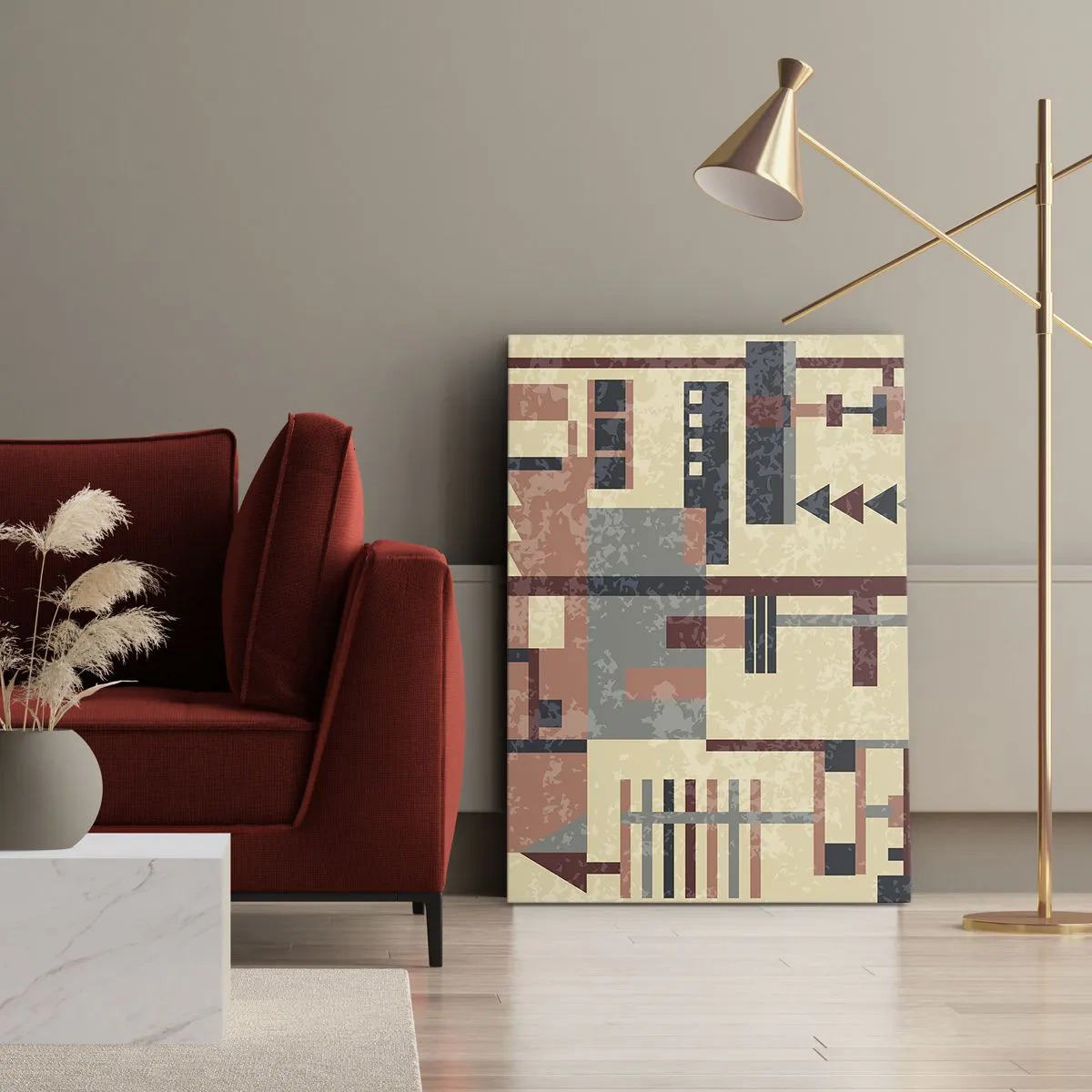 Cuadro sobre lienzo - Impresión de Imagen - Patrón geométrico en tonos pastel beige, rojo y gris. - 50x70cm - Una combinación de verticales y niveles - Decoración de pared moderna para salón y dormitorio ARTTOR