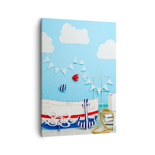 Cuadro sobre lienzo - Impresión de Imagen - Decoración náutica con barco y accesorios sobre fondo azul. - 50x70cm - El ansia de aventura de un niño - Decoración de pared moderna para salón y dormitorio ARTTOR