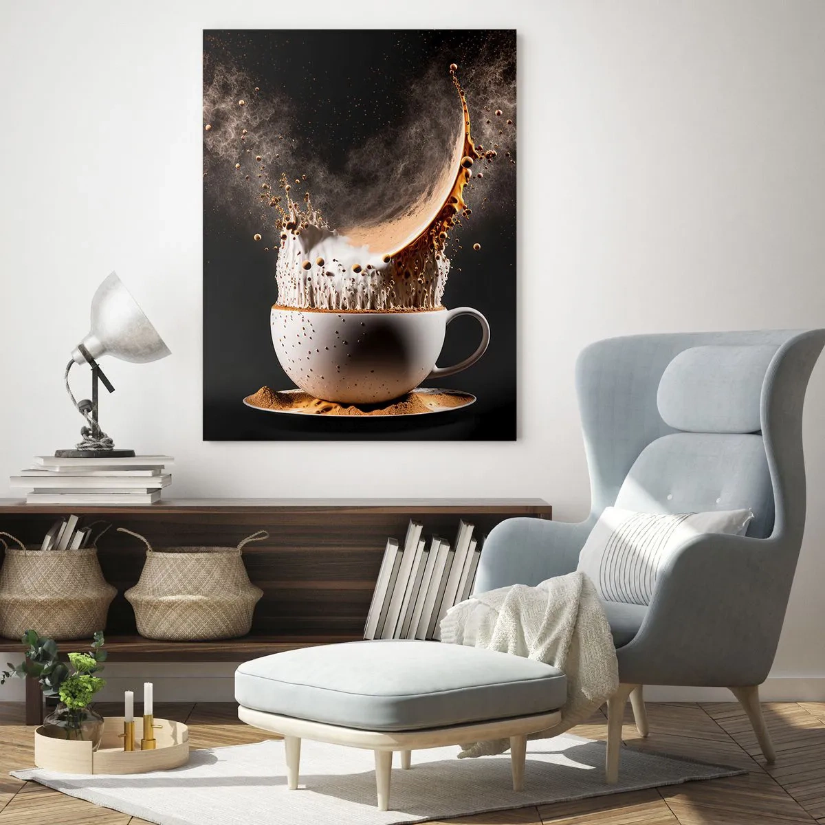 Cuadro sobre vidrio - Impresiones sobre Vidrio - Una taza de café con una explosión dinámica de líquido sobre un fondo negro. - 70x100cm - Una explosión de sabor - Decoración de pared moderna para salón y dormitorio ARTTOR