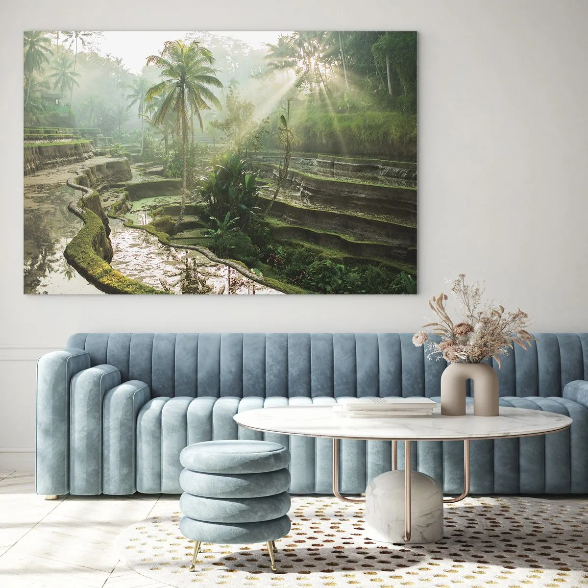 Cuadro sobre vidrio - Impresiones sobre Vidrio - Arrozales tropicales con palmeras en la niebla de la mañana - 120x80cm - Crecer bajo el sol - Decoración de pared moderna para salón y dormitorio ARTTOR