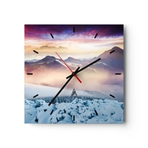 Reloj de pared - Reloj de vidrio - Montañas cubiertas de nieve al amanecer con un cielo colorido. - 30x30cm - La fuerza y la pureza de la naturaleza - Decoración de pared moderna para salón y dormitorio ARTTOR
