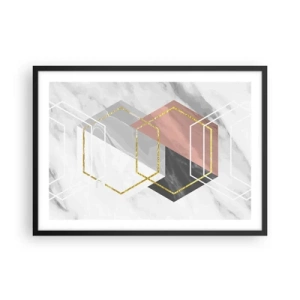 Póster en marco negro - Figuras geométricas con acentos dorados y de mármol. - 70x50cm - Composición en cadena - Decoración de pared moderna para salón y dormitorio ARTTOR