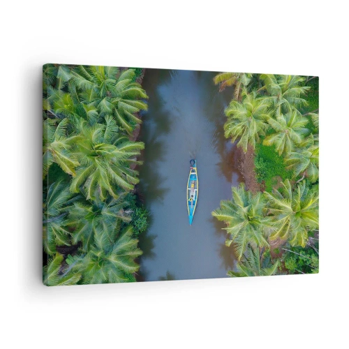 Cuadro sobre lienzo - Impresión de Imagen - Una vista de pájaro de un barco en un río rodeado de palmeras. - 70x50cm - En un sendero tropical - Decoración de pared moderna para salón y dormitorio ARTTOR