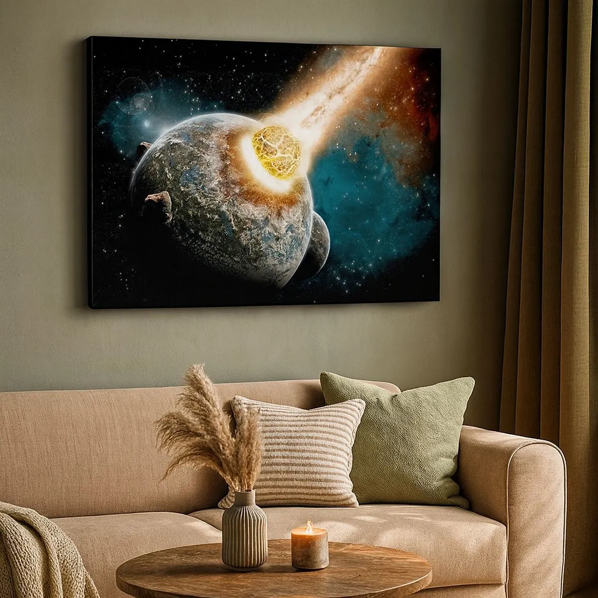 Cuadro sobre lienzo - Impresión de Imagen - Colisión cósmica de un planeta con un asteroide en las proximidades de la galaxia. - 70x50cm - ¿Condena o nacimiento? - Decoración de pared moderna para salón y dormitorio ARTTOR