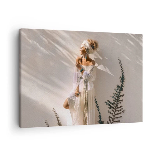 Cuadro sobre lienzo - Impresión de Imagen - Una mujer de estilo boho iluminada por los rayos del sol. - 70x50cm - El sol y la joven - Decoración de pared moderna para salón y dormitorio ARTTOR