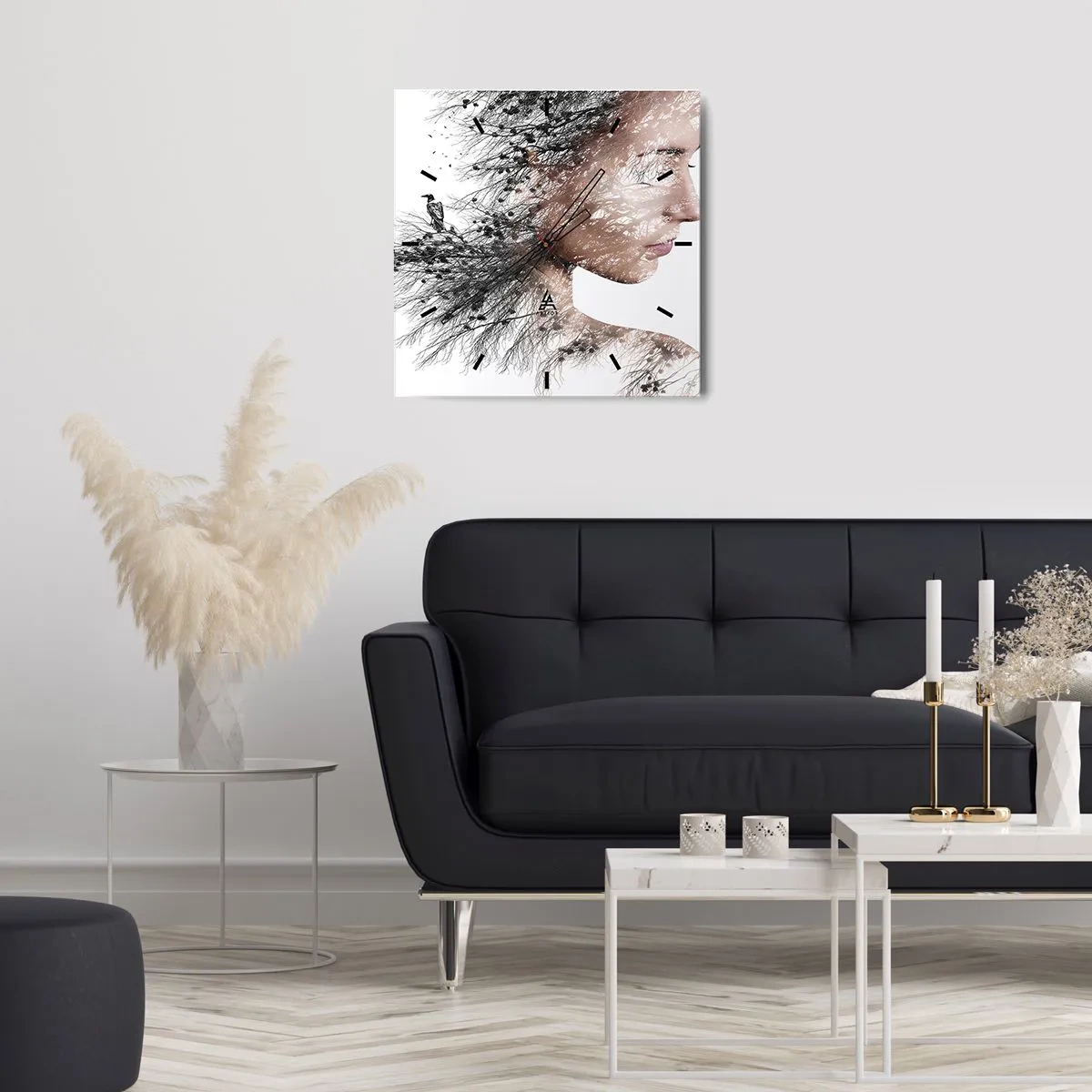 Reloj de pared - Reloj de vidrio - Silueta de una mujer con una rama y un motivo de pájaro en el fondo. - 30x30cm - Espíritu del bosque - Decoración de pared moderna para salón y dormitorio ARTTOR