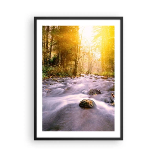 Póster en marco negro - Un arroyo en el bosque a la luz del sol. - 50x70cm - Malaquita en un marco de plata y oro - Decoración de pared moderna para salón y dormitorio ARTTOR