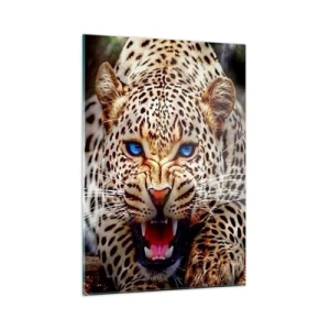 Cuadro sobre vidrio - Impresiones sobre Vidrio - Un feroz leopardo de ojos azules en estado salvaje. - 50x70cm - La ira no daña la belleza - Decoración de pared moderna para salón y dormitorio ARTTOR