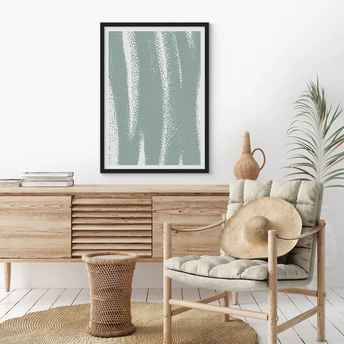 Póster en marco negro - Una composición minimalista en tonos verdes y blancos. - 50x70cm - Abstracción invernal - Decoración de pared moderna para salón y dormitorio ARTTOR