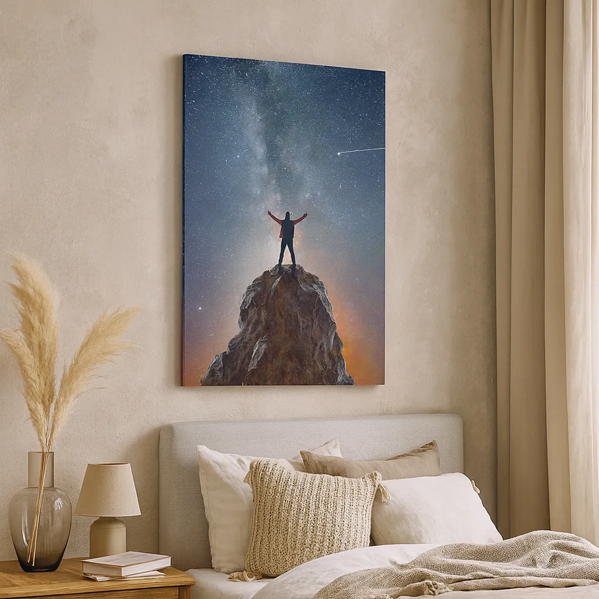 Cuadro sobre lienzo - Impresión de Imagen - Una figura en la cima de una montaña bajo un cielo estrellado. - 50x70cm - ¡El poder está conmigo! - Decoración de pared moderna para salón y dormitorio ARTTOR