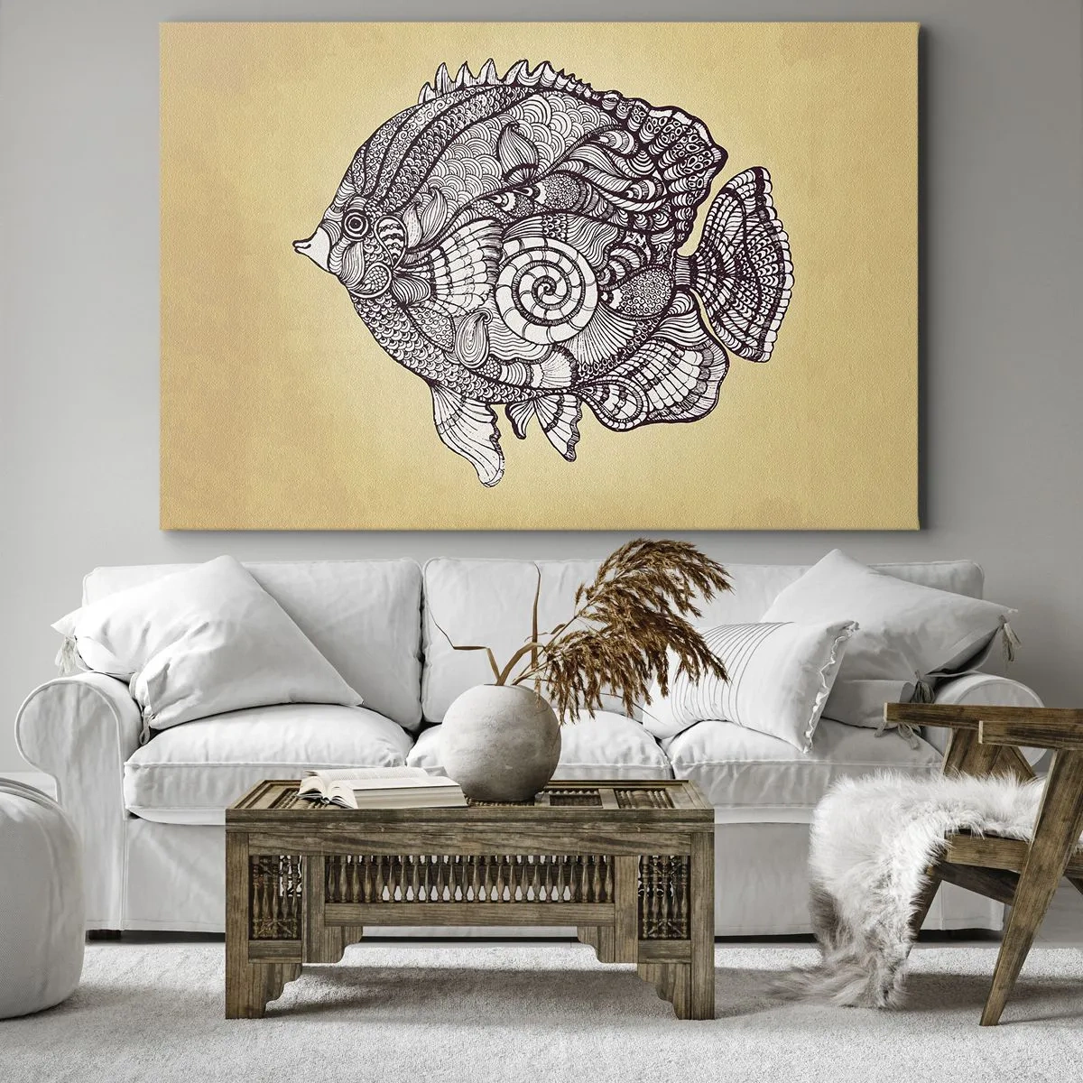 Cuadro sobre lienzo - Impresión de Imagen - Peces decorativos en estilo de dibujo con patrones. - 70x50cm - De un océano de ornamentos - Decoración de pared moderna para salón y dormitorio ARTTOR