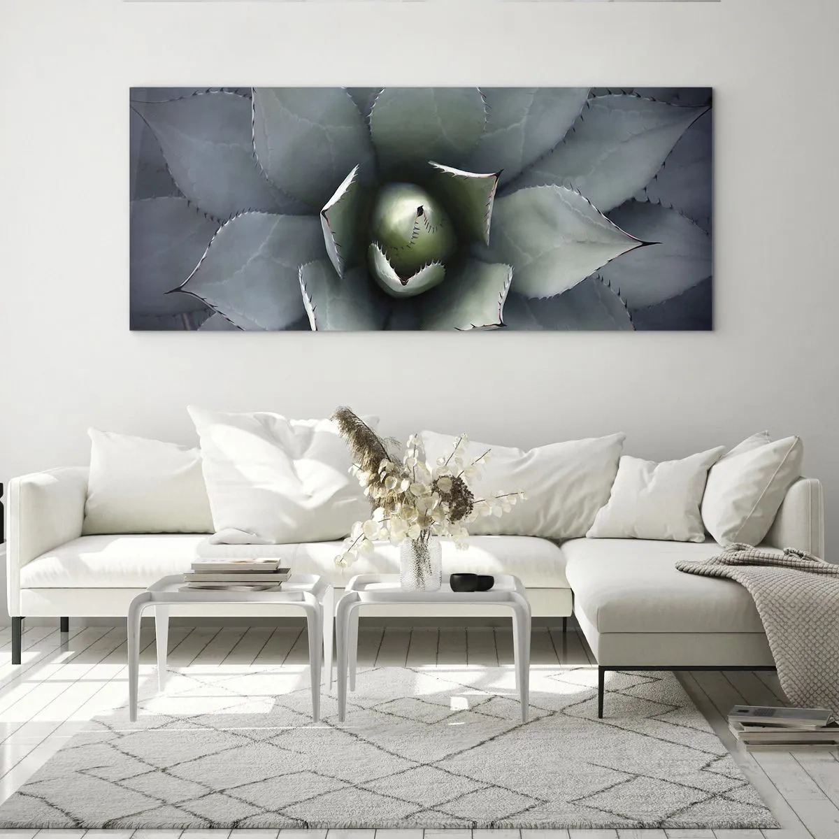 Cuadro sobre vidrio - Impresiones sobre Vidrio - Primer plano de una roseta de agave en delicados tonos verdes. - 120x50cm - Perfección natural - Decoración de pared moderna para salón y dormitorio ARTTOR
