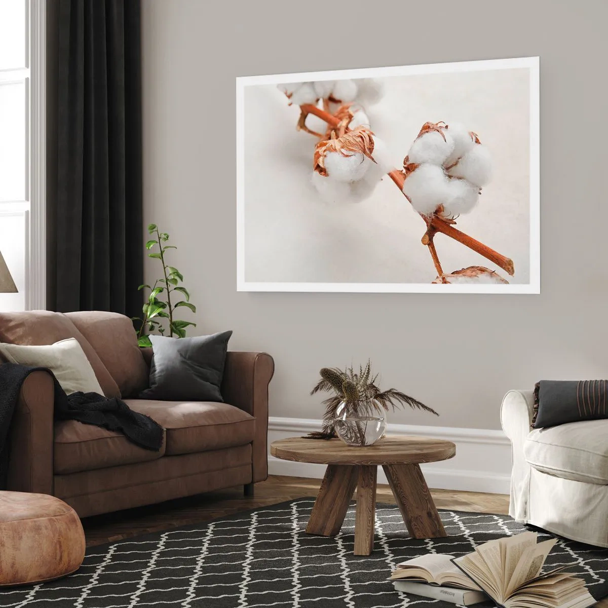 Póster - Una ramita de algodón sobre un fondo sutil. - 100x70cm - Un suave tacto - Decoración de pared moderna para salón y dormitorio ARTTOR