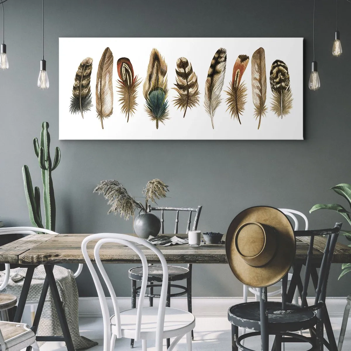 Cuadro sobre lienzo - Impresión de Imagen - Motivo decorativo de una colección de varias plumas. - 140x50cm - Estudio de plumas - Decoración de pared moderna para salón y dormitorio ARTTOR