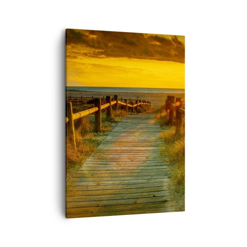 Cuadro sobre lienzo - Impresión de Imagen - Un camino de madera que conduce a la playa bajo el resplandor del sol poniente. - 50x70cm - Bañado en oro viejo - Decoración de pared moderna para salón y dormitorio ARTTOR