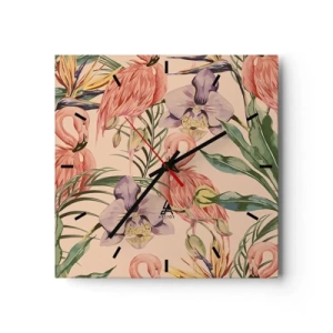 Reloj de pared - Reloj de vidrio - Flamencos y flores tropicales sobre un fondo claro. - 30x30cm - Un ballet rosa en flores - Decoración de pared moderna para salón y dormitorio ARTTOR
