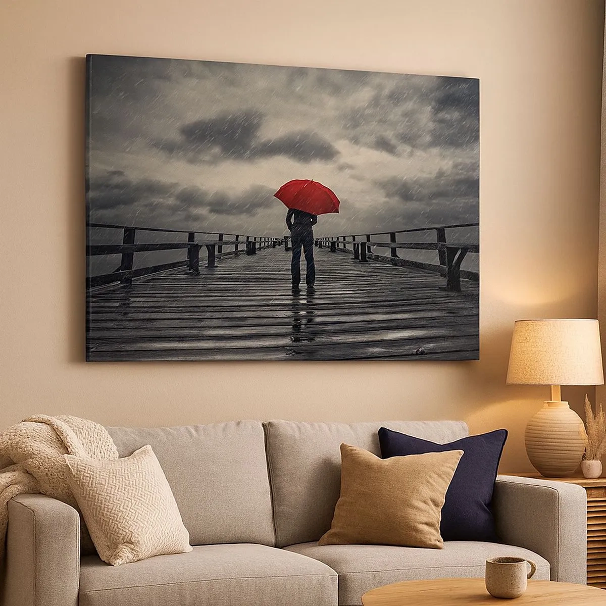 Cuadro sobre lienzo - Impresión de Imagen - Una persona con un paraguas rojo en un muelle lluvioso. - 70x50cm - No importa que llueva - Decoración de pared moderna para salón y dormitorio ARTTOR