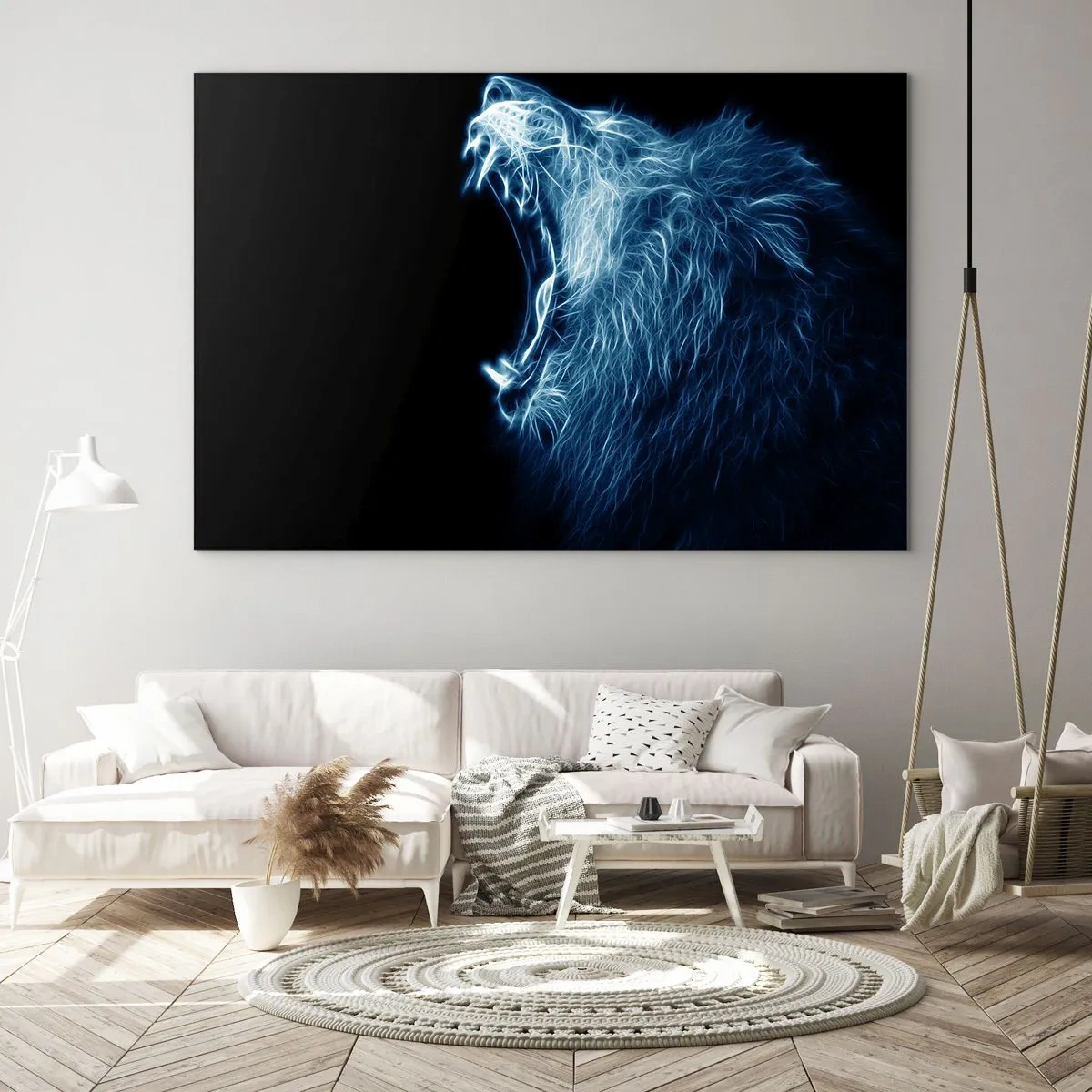 Cuadro sobre vidrio - Impresiones sobre Vidrio - Una llamativa representación de neón de un león rugiente sobre un fondo negro. - 120x80cm - La furia del rey - Decoración de pared moderna para salón y dormitorio ARTTOR