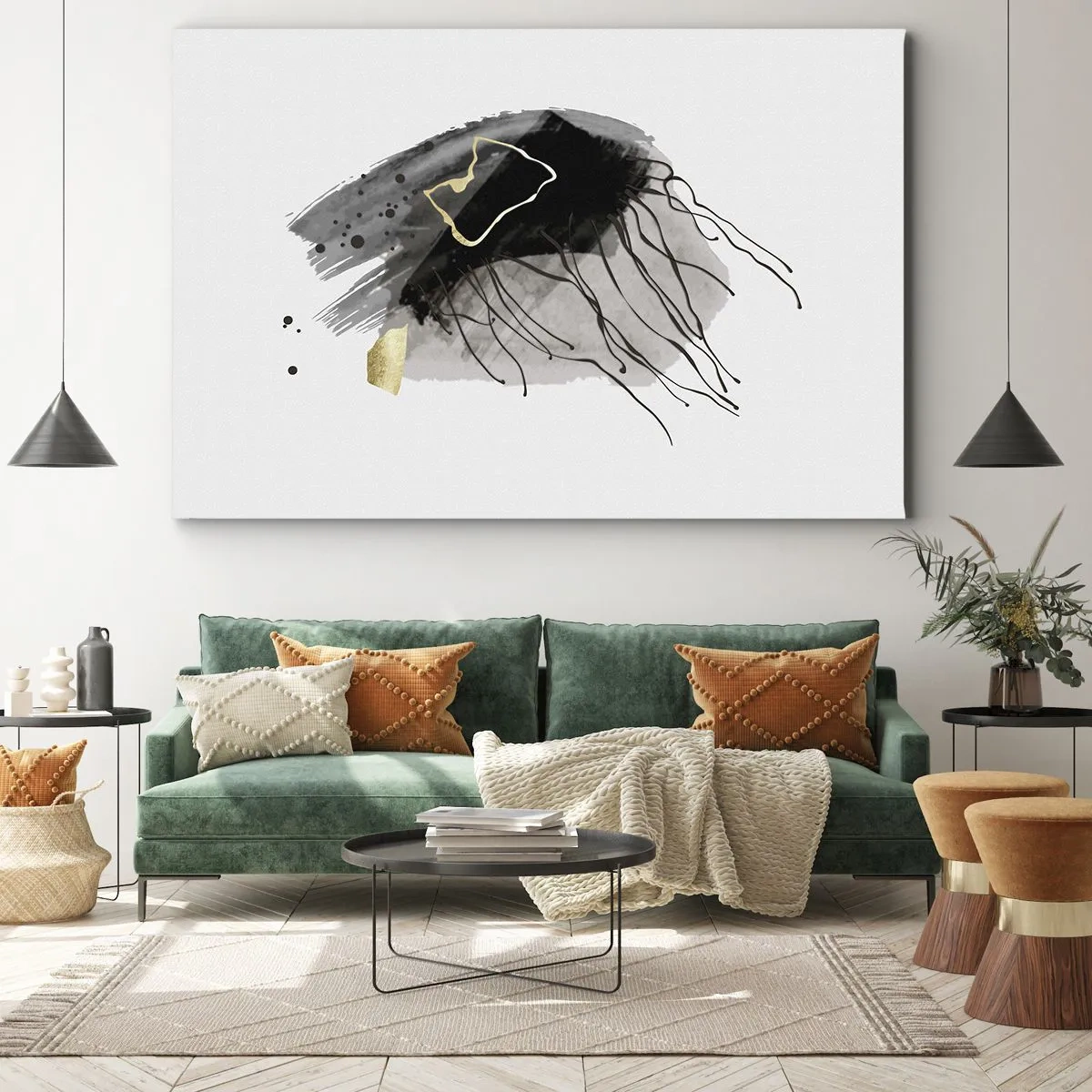 Cuadro sobre lienzo - Impresión de Imagen - Una composición abstracta con acentos negros y dorados. - 70x50cm - En negro y dorado - Decoración de pared moderna para salón y dormitorio ARTTOR