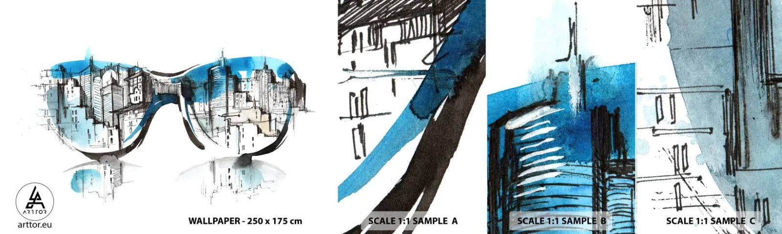 Muestra de fotomural autoadhesivo Deluxe Sticker - La elegancia de la gran ciudad - Abstracción, Anteojos, Arquitectura - 100x30 cm