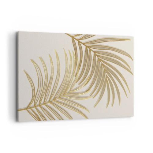 Cuadro sobre lienzo - Impresión de Imagen - Hojas de palma doradas sobre un fondo claro en estilo minimalista. - 120x80cm - Palma de Oro - Decoración de pared moderna para salón y dormitorio ARTTOR