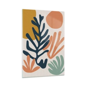 Cuadro sobre vidrio - Impresiones sobre Vidrio - Hojas coloridas en estilo abstracto. - 80x120cm - Mares de coral - Decoración de pared moderna para salón y dormitorio ARTTOR