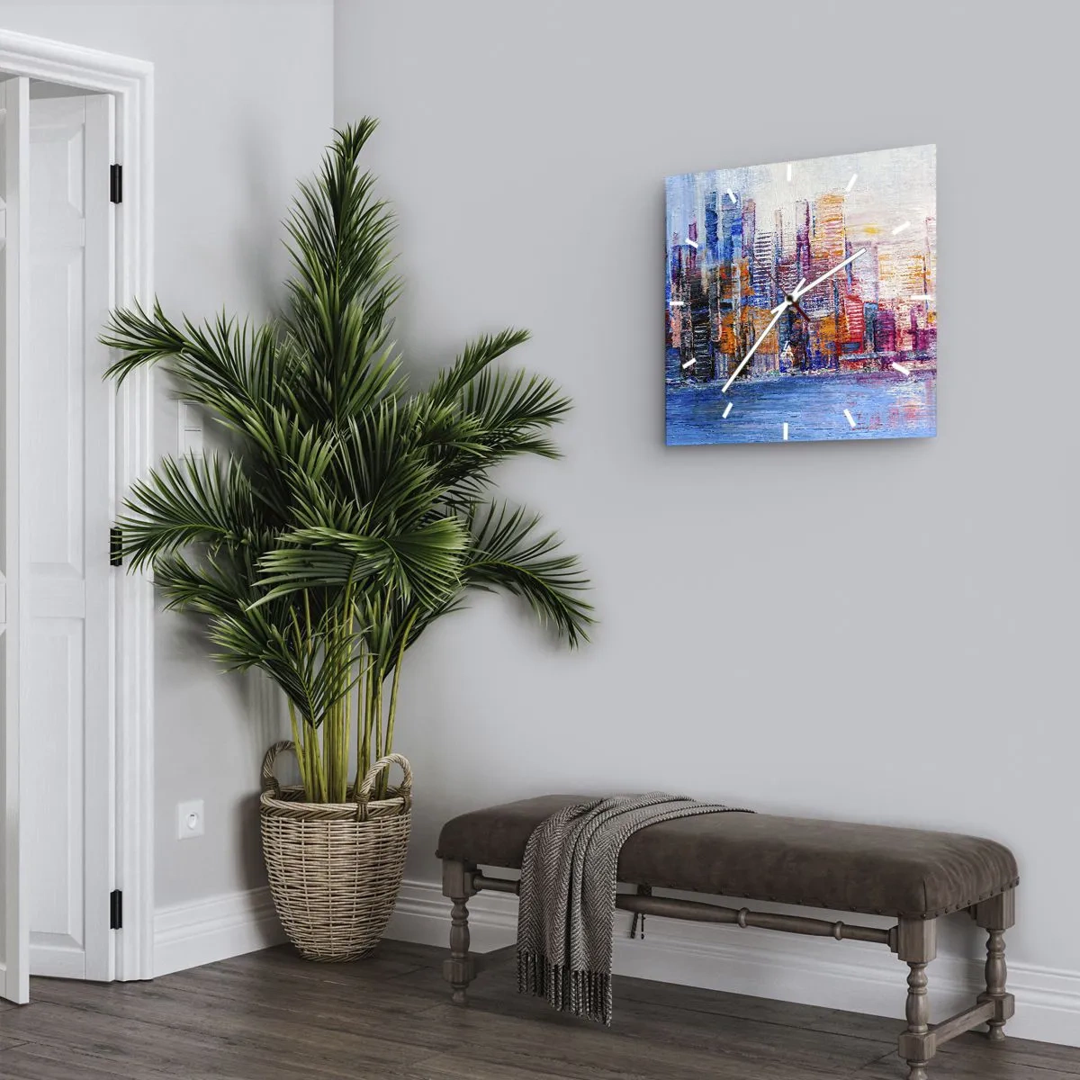 Reloj de pared - Reloj de vidrio - Un panorama colorido de la ciudad con reflejos en el agua. - 30x30cm - Una metrópoli alegre - Decoración de pared moderna para salón y dormitorio ARTTOR